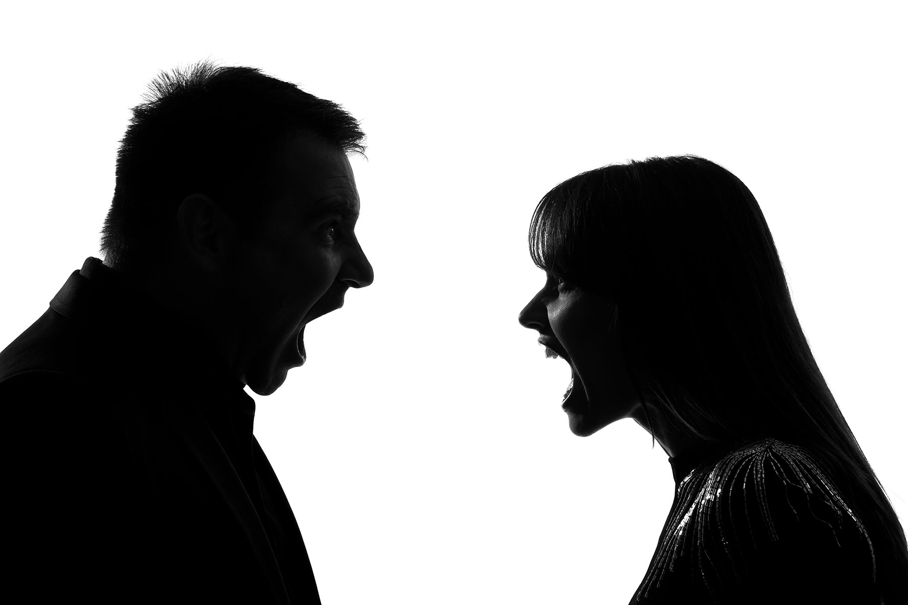 threats-of-violence-shl man and woman yelling, in profile, black and white high contrast, threats of violence